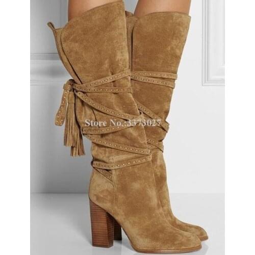 New Beige Suede Chunky Heel Long Boots Women Sexy Cross Ropes Tassels Knee High Boots Lady Fashion Knight Boots Dropship