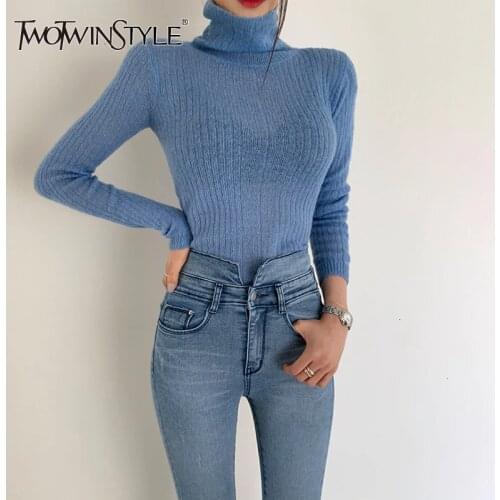 TWOTWINSTYLE White Korean Knitted Sweater For Women Turtleneck Long Sleeve Autumn Slim Pullover Female Clothing Fashion New 2020