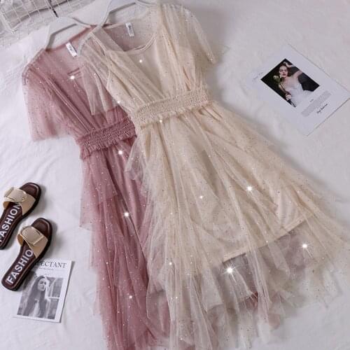 2021 Women V-Neck Short Sleeve Bling Sequined Irregular Pleated Ruffles Chic Dress Lady Elastic Slim Mesh Gauze Tulle Midi Dress