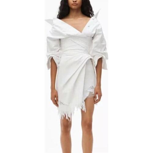 Ladies Denim White Fringed Dress Three-Quarter Sleeves High Waist Asymmetric Pleated Stitching Dress Slim Mini Dress 2021