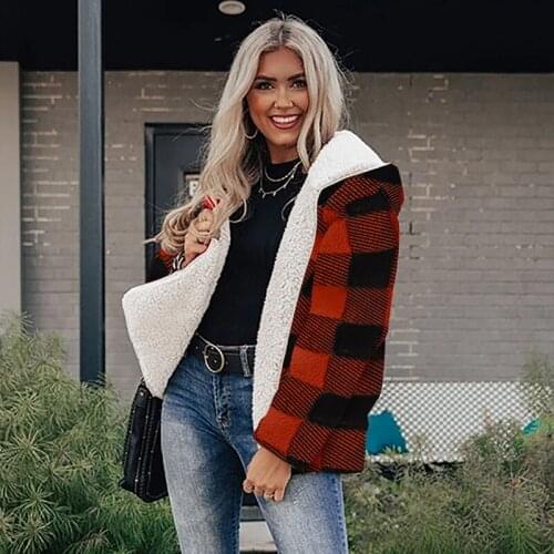 Ladies Plaid Coat Mid-length Loose Plush Coat Coat Print Double-sided Long Sleeve Pocket Warm Coat 2021 Fall/Winter Red/Khaki