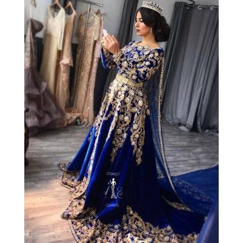 Royal Blue Evening Dresses with Cape Long Sleeve Appliqued Moroccan Kaftan arabic Prom Dress 2021 robe de soiree Party Gowns