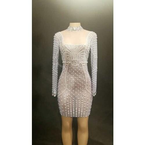 2019 Fashion Perspective Pearls Dress Women Birthday Celebrate See Through Mesh Stretch Dress Costume Evening Dance Dress
