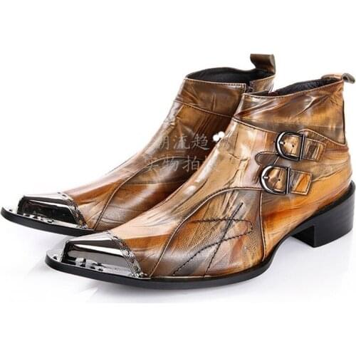 2021 Italian Military Dress Boots Steel Pointed Toe High Heels Western Styles Brown Double Buckle Strap Cowboy Boots Shoes Man