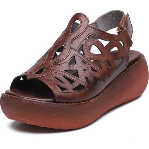 2021 Summer Shoes Women Sandals Retro Genuine Leather Women Wedges Platform Sandals Peep Toe High Heel Sandals Zapatos De Mujer