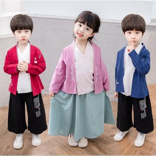 Baby Kids Clothes Sets Blouse + Tops + Skirts Chinese Traditional Tang Suit Set Cotton&Linen Boys Girls Clothing 3pcs Sets 2-8 Y