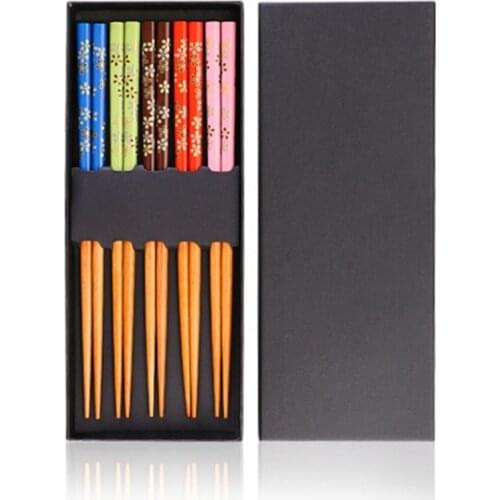 [5 Pairs] Printed Beech Chopsticks Household Tableware Set Pointed Cooking Chopsticks Gift Box