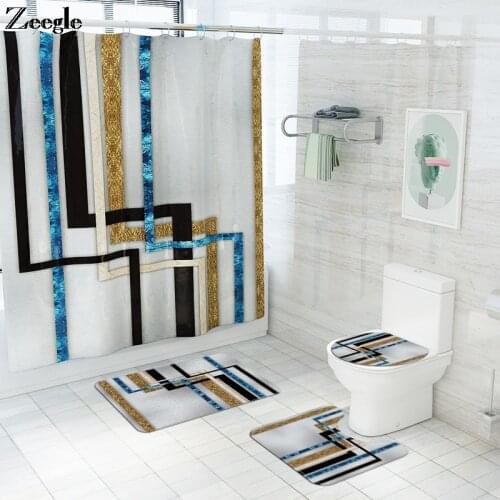 Home Decor Printed Bath Mat and Shower Curtain Set Abstract Geometry 4PCS Bath Mat Set Memory Foam Toilet Mat U-Shaped Rug