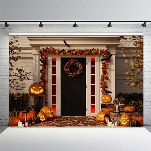 Background for Photo Studio Fall Porch Door Pumpkin Halloween Backdrop Photocall Photo Wall Printed Newborn Photo Background