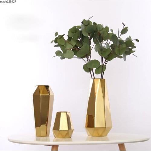 Modern Golden Geometric Ceramic Vase Electroplating Crafts Flower Arrangement Tabletop Decoration Table Top Vase Home Decoration