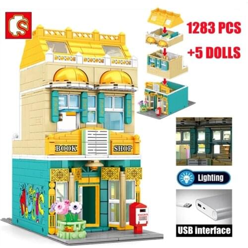 SEMBO Bookstore Cafe building blocks Casual Restaurants Bricks Street View Coffee Shop Modle With Led Toys for Kid Birthday Gift