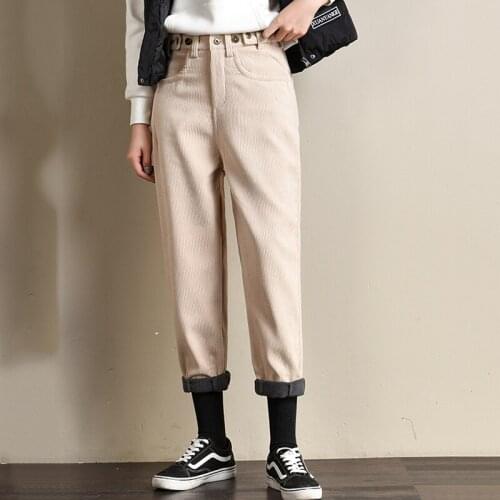 Korean Winter Corduroy Pants Women 2019 New High Waist Harem Pant Thick Fleece Ankle Length Trouser Female Wide Leg Suit Pants