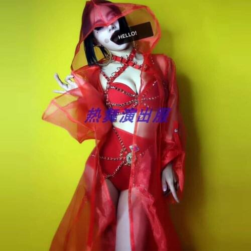 Red Sexy Bikini And Mesh Jacket Three-Piece Jazz Dance Performance Costume Nightclub Bar DJDS Female Singer Party Outfit DWY4563