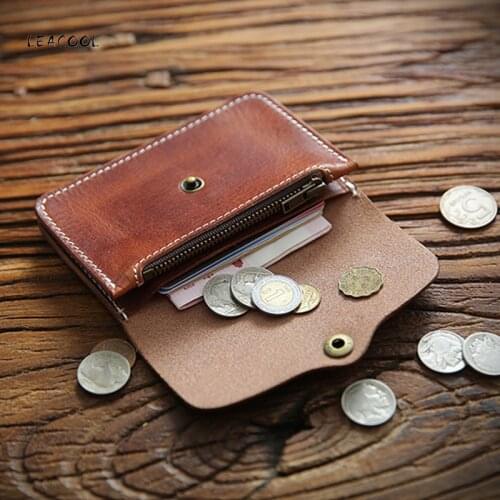 LEACOOL Vintage Mens Genuine Leather Credit Card Holder Small Wallet Money Bag ID Card Case Mini Purse For Male