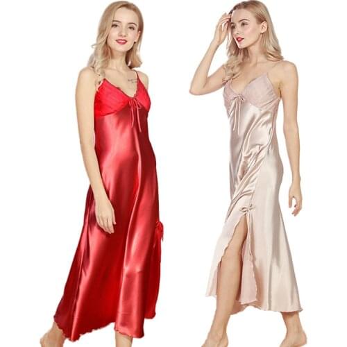 Summer Womens Nightdress V-Neck Lace Womens Home Suit Nightdress Summer Sexy Side Split Skirt Nightdress