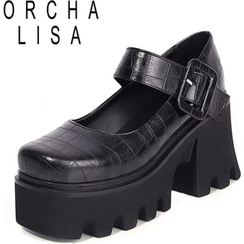 ORCHA LISA 2021 Fashion Pumps High Thick Heel Sole 8cm Platforms Belt Buckle Cross Strap Square Toe Punk Size 35-44 Brown A4158