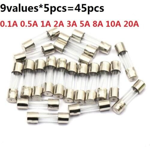 5*20 fuse kit glass 9values*5pcs=45pcs (0.1A/100ma 0.5A 1A 2A 3A 5A 8A 10A 20A) Fast blow Assorted kit set pack 5*20MM each 5pc