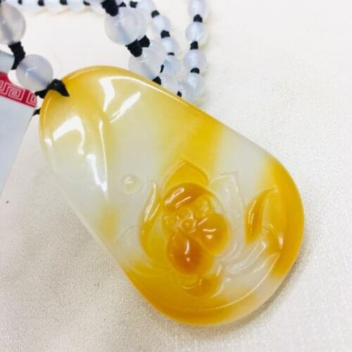 Natural Brazilian Ice Bottom Jade Carving Double Color Lotus Pendant with Chalcedony Bead Necklace Female Sweater Chain