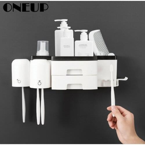 ONEUP Toothbrush Holder Wall-mounted Bathroom Cup Shelf Double Storage Household Items Punch Free Bathroom Accessories Sets