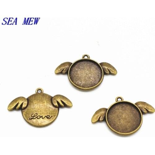 SEA MEW 16mm Round Cabochon Base Antique Bronze Plated Alloy Angel Pendant Settings For Jewelry Making