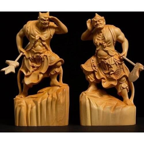 Boxwood carved door god sculpture, two fer-potency Buddha statue, giant guardians, home decoration, sh