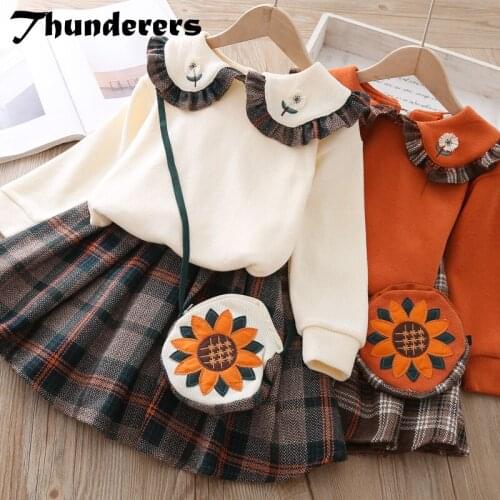Thunderers Autumn Winter Kids Clothing Set For Girls Long Sleeve Shirt With Printed Plaid Casual Children 2pcs Outfits With Bag