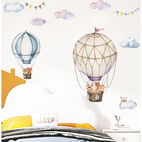 Vacclo Nordic Ins Watercolor Clouds Cartoon Animals Hot Air Balloon Wall Stickers for Childrens Room Bedside Wall Decoration
