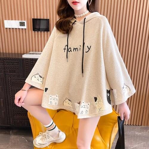 Womens Spring Autumn Hoodies Thin Long Sleeve Cat Print Japenese Loose Design Cloak Top Casual Kawaii Clothes Sweatshirt Female