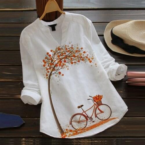 Women Casual Flower Print Tshirt Long Sleeve V-neck Elegant Tshirt Button Fashion Loose Shirt Top Camiseta Mujer Verano #G3