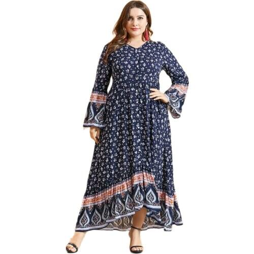 Mc9421# Large Womens Blue Floral Long Sleeve Irregular Single Breasted Cardigan Bohemian Summer Dress