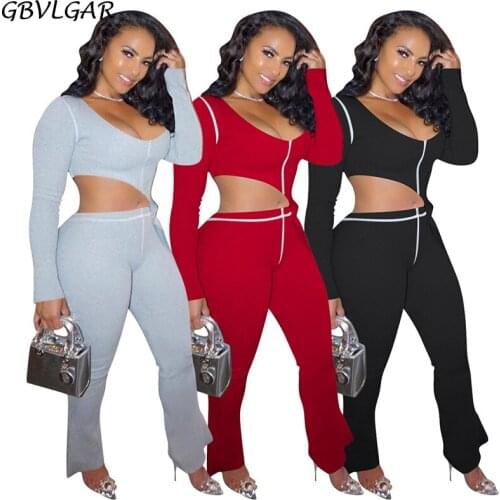 2021 Casual Autumn Two Piece Set Women Streetwear Outfits Solid Long Sleeve Crop Top Female Wide Leg Pants Women Matching Sets
