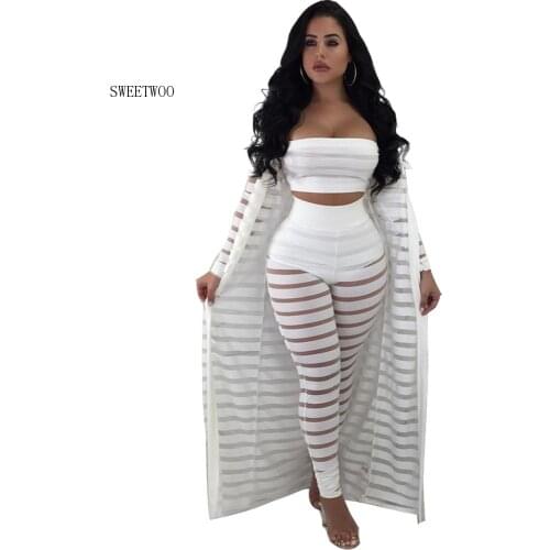 Striped mesh sexy 3 piece set women strapless +skinny full length pants and full sleeve coat bohemian attractive suit