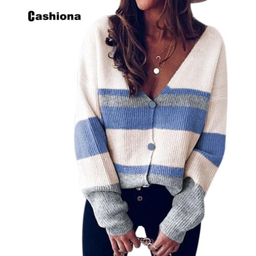 Women Autumn New Knitting Sweater Femme Patchwork Color V-neck Jumper Cardigans Sweaters Top Fashion 2020 Winter Warm Clothing