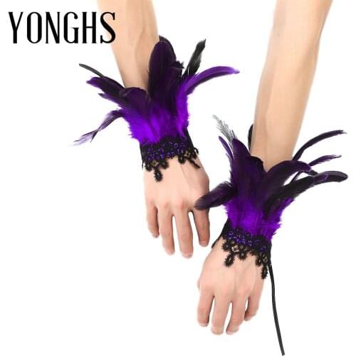 1 Pair of Faux Pearl/Lace Real Natural Dyed Rooster Feather Wrist Cuffs with Ribbon Ties Costume Accessories Party Halloween