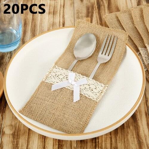 10/20/50Pc Burlap Lace Cutlery Pouch Vintage Jute Hessian Rustic Wedding Decoration Party Birthday Tableware Supplies Holder Bag