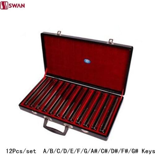 12Pcs/set Swan Harmonica 24 Hole Tremolo Mouth Organ Sliver Color Woodwind musical instrument with Gift Box for Collect Gaita