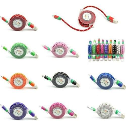 200pcs/lot Colorful Retractable Woven Braided Fabric Micro USB Data Sync Cable Charger Cable For HTC Blackberry Sumsang