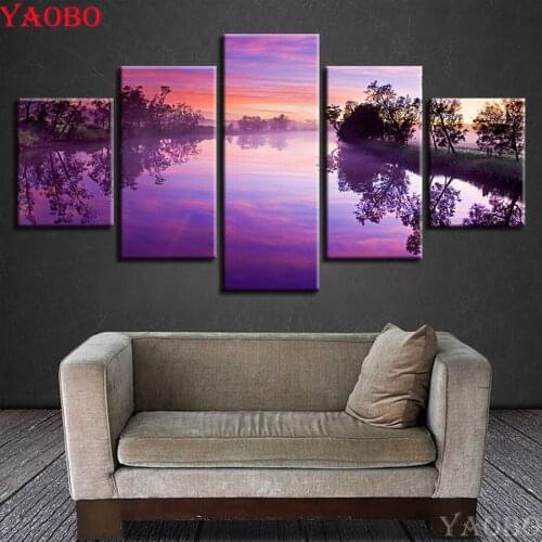 5 Pcs 5D diy Diamond Painting Full square"Purple Tree Reflected in Lake"Cross Stitch,round Mosaic Diamond Embroidery Landscape