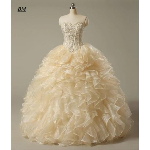 2019 Cheap Stock Champagne Quinceanera Dresses Ball Gown Beaded Sweet 16 Dresses Formal Prom Party Gown Vestido De 15 Anos BM63