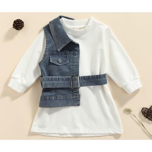 Ma&Baby 1-6Y Toddler Kid Girls Clothes Set Long Sleeve Sweatshirt Tops Denim Vest + Belt Outfits Fashion Autumn Clothes DD43