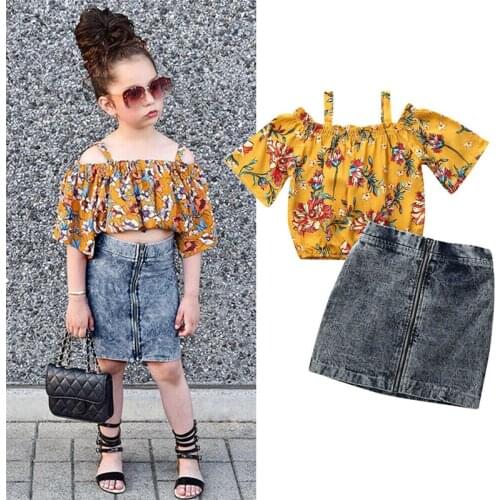 2PCS Toddler Kids Baby Girl Clothes Sets 1-6Y Floral Print Off Shoulder T shirt+Zipper Denim Skirt Summer Outfits Clothes