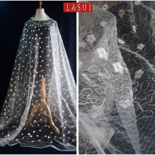 LASUI 2017 NEW flowers embroidery glass mesh yarn Apricot Full size Fashion fabric bridesmaid dress wedding decoration X0234