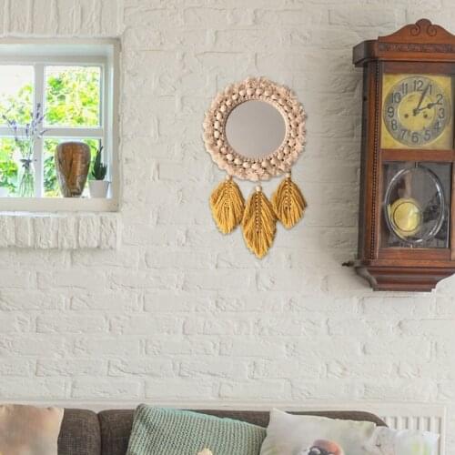 M76F Nordic Woven Tassel Hanging Wall Mirror Ethnic Boho Cotton Rope Feather Leaves Pendant Macrame Mirror Home Decoration