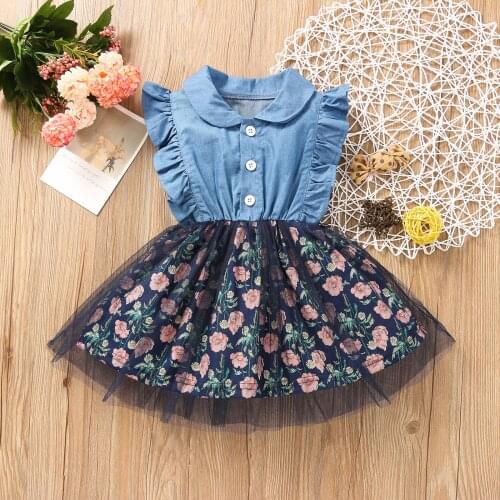 Little Girls Floral Print Tutu Patchwork Denim Dress Lapel Neck Ruffles Sleevelss High Waist Mesh Sundress Party Dress 0-4Y