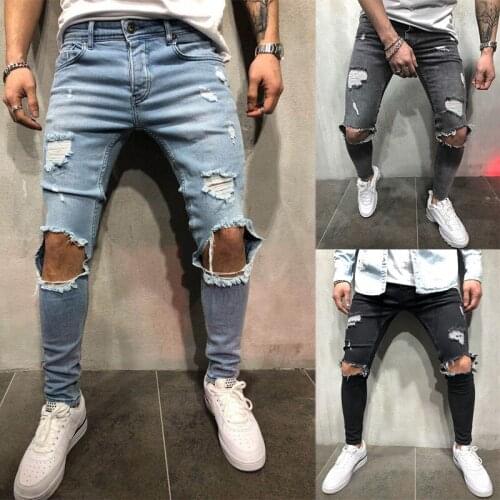 Mens Stretch Skinny Hole Jeans Autumn Fashion Casual Loose High Quality Pure Color Pants Mens Clothing Long Pants 2021