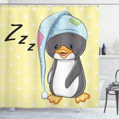 Cartoon Shower Curtain Sleepy Baby Penguin in Hood Ready to Bed Childhood Happy Dream Cartoon Art Bathroom Decor Set with Hooks