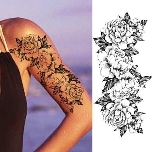 Beautiful Flower Temporary Tattoos Sticker For Women Girl Body Art Drawing Arm Tatoo Decal Realistic Fake Waterproof Black Tatoo