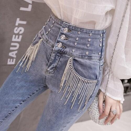 2021 New Spring Jeans Womens High Waist Stretch Hip Slim Fit Skinny Skinny Feet Nine Points Pencil Pants Denim Trousers Female