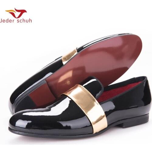The New Men Loafers Handmade Shoes Patent Leather Black And Gold Design Men Shoes, MenS Fashion For Weddings And Party Flats