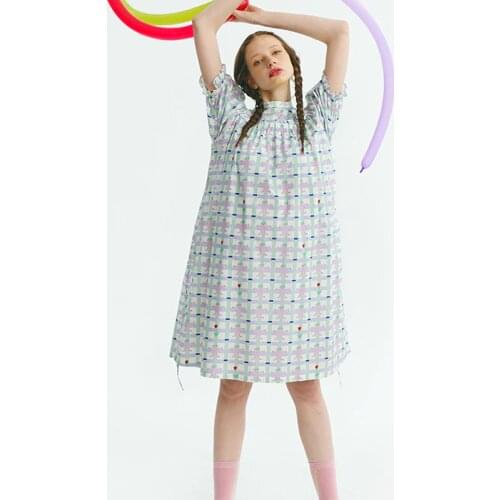 New Design Women Summer Chiffon Dresses Cartoon Printed Purple Plaid Ladies Loose Dresses Ruffles Preppy Style